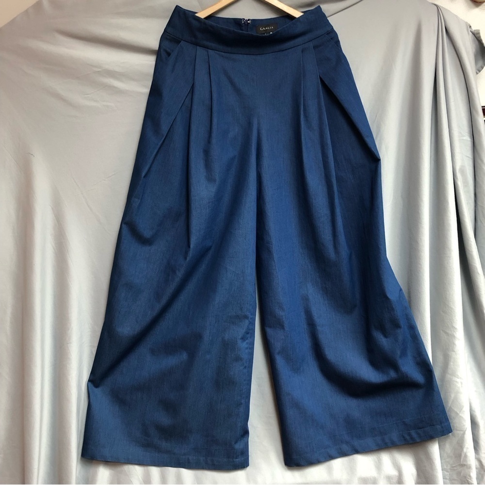 Gracia 10 blue Jean palooza wide leg dress pants Pleats  sidepockets zipper back
